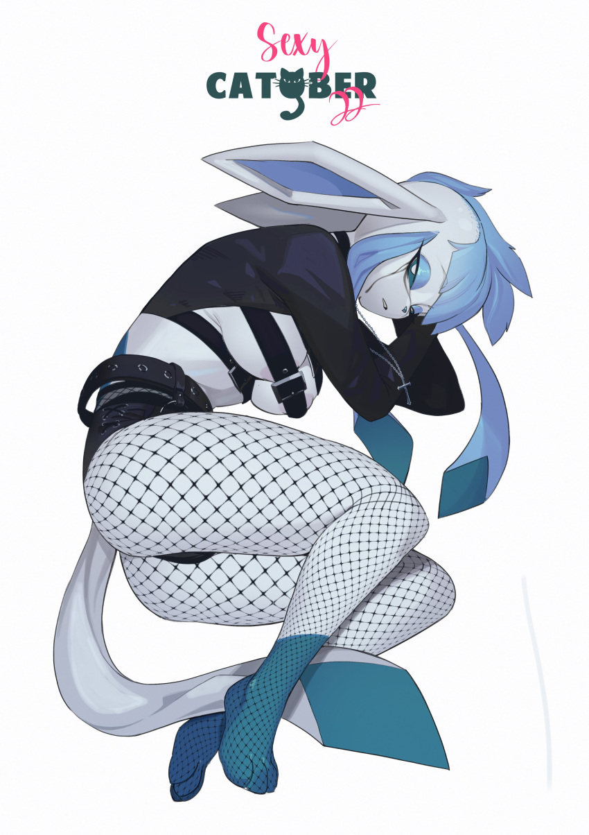 absurd_res anthro areola breasts clothed clothing eeveelution feliscede female fishnet fishnet_legwear generation_4_pokemon glaceon hi_res legwear lying medium_breasts nintendo pokemon pokemon_(species) pokemorph solo video_games white_areola