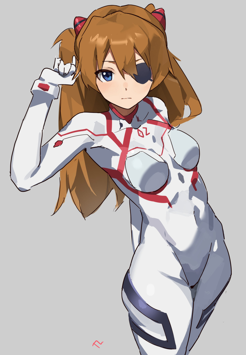 1girl absurdres blue_eyes bodysuit breasts closed_mouth evangelion:_3.0+1.0_thrice_upon_a_time eyepatch highres neon_genesis_evangelion orange_hair pilot_suit plugsuit rebuild_of_evangelion simple_background solo solo_focus souryuu_asuka_langley t-lex white_bodysuit