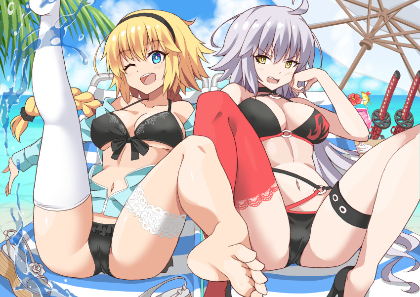 2girls ahoge annoyed barefoot beach_chair beach_umbrella bikini blonde_hair blue_eyes blue_sky breasts cloud cloudy_sky day fate/grand_order fate_(series) feet full_body grey_hair hand_on_own_cheek hand_on_own_face headband highres jacket jeanne_d'arc_(fate) jeanne_d'arc_(swimsuit_archer)_(fate) jeanne_d'arc_alter_(fate) jeanne_d'arc_alter_(swimsuit_berserker)_(fate) katana leg_up legs multiple_girls no_shoes one_eye_closed open_clothes open_jacket open_mouth outdoors partially_unzipped single_thighhigh sitting sky smile soles spread_legs swimsuit sword teeth thigh_strap thighhighs thighs toes tree umbrella upper_teeth water weapon white_thighhighs xiafuizui yellow_eyes