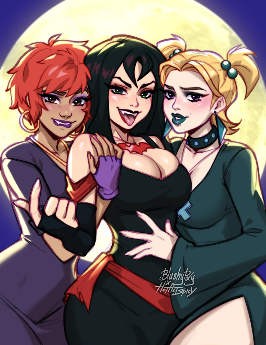 3girls bangs black_hair blonde_hair blushyspicy breasts choker commentary dark-skinned_female dark_skin dress dusk_(scooby-doo) earrings english_commentary fangs full_moon halloween_costume hex_girls highres jewelry large_breasts lipstick long_hair luna_(scooby-doo) makeup medium_breasts moon multiple_girls night open_mouth purple_lips scooby-doo short_twintails smile symbol-only_commentary thorn_(scooby-doo) tongue tongue_out twintails