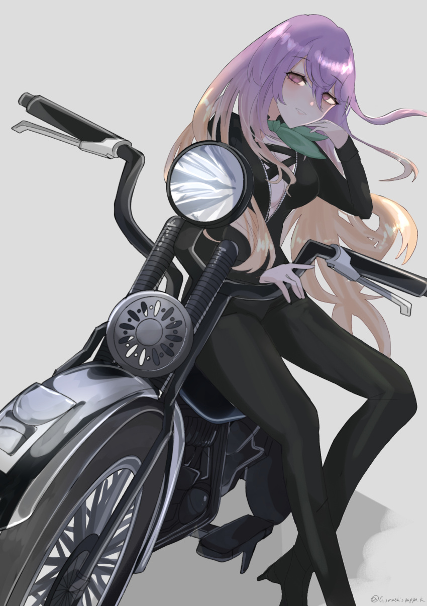 1girl bandana bangs biker_clothes bikesuit black_footwear bodysuit breasts brown_hair cross-laced_clothes gomashiopappa_k gradient_hair green_bandana grey_background ground_vehicle hair_between_eyes high_heels highres hijiri_byakuren long_hair looking_at_viewer motor_vehicle motorcycle multicolored_hair open_mouth purple_eyes purple_hair simple_background solo standing touhou turbo_byakuren twitter_username two-tone_hair urban_legend_in_limbo