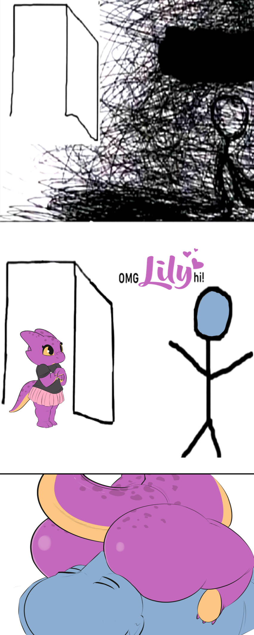 absurd_res anthro big_butt bottomwear butt chubby_female clothing dialogue door duo english_text facesitting fantasy000 female hi_res horn human interspecies kobold male male/female mammal meme omg_hi! purple_body shirt short_stack skirt t-shirt text topwear yellow_body