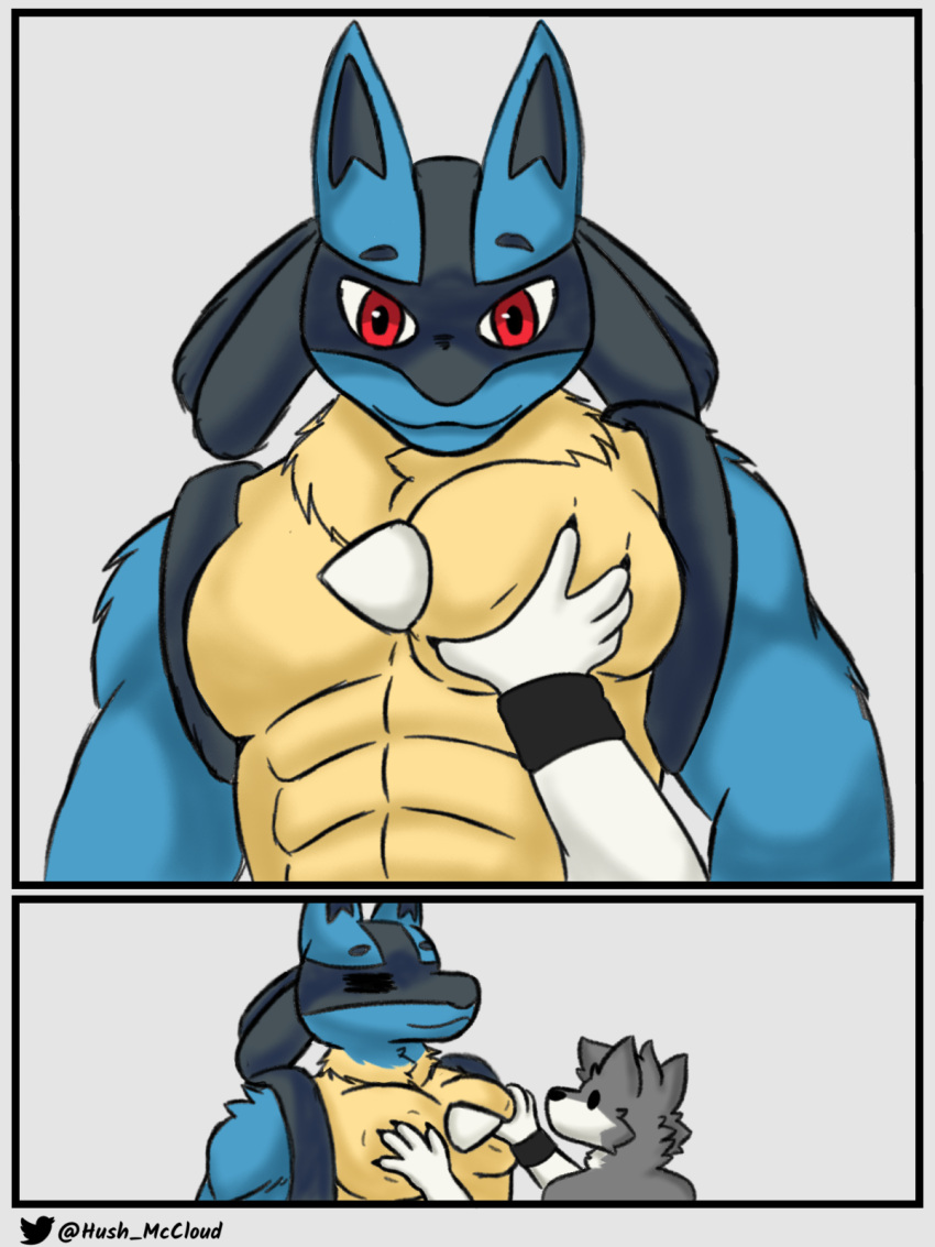 3:4 abs anthro biceps black_body black_fur blue_body blue_fur canid canine canis digital_media_(artwork) duo fur generation_4_pokemon grey_body grey_fur hi_res hush_mccloud looking_at_viewer lucario lucky_skebe male mammal muscular muscular_anthro muscular_male nintendo pec_grab pecs pokemon pokemon_(species) red_eyes simple_background video_games white_body white_fur wolf yellow_body yellow_fur