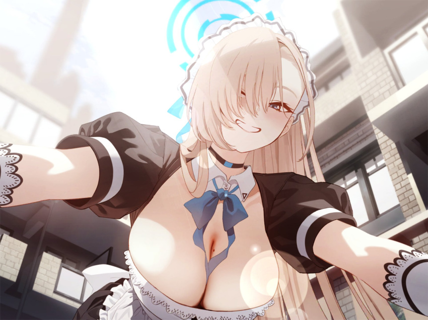 apron asuna_(blue_archive) bangs blue_archive blue_bow blue_bowtie blue_eyes bow bowtie breasts choker cleavage detached_collar frilled_apron frills from_below game_screenshot gloves grin hair_over_one_eye highres large_breasts light_brown_hair long_hair maid_headdress mole mole_on_breast mx2j_(nsh6394) pov ribbon smile swept_bangs third-party_source waist_apron