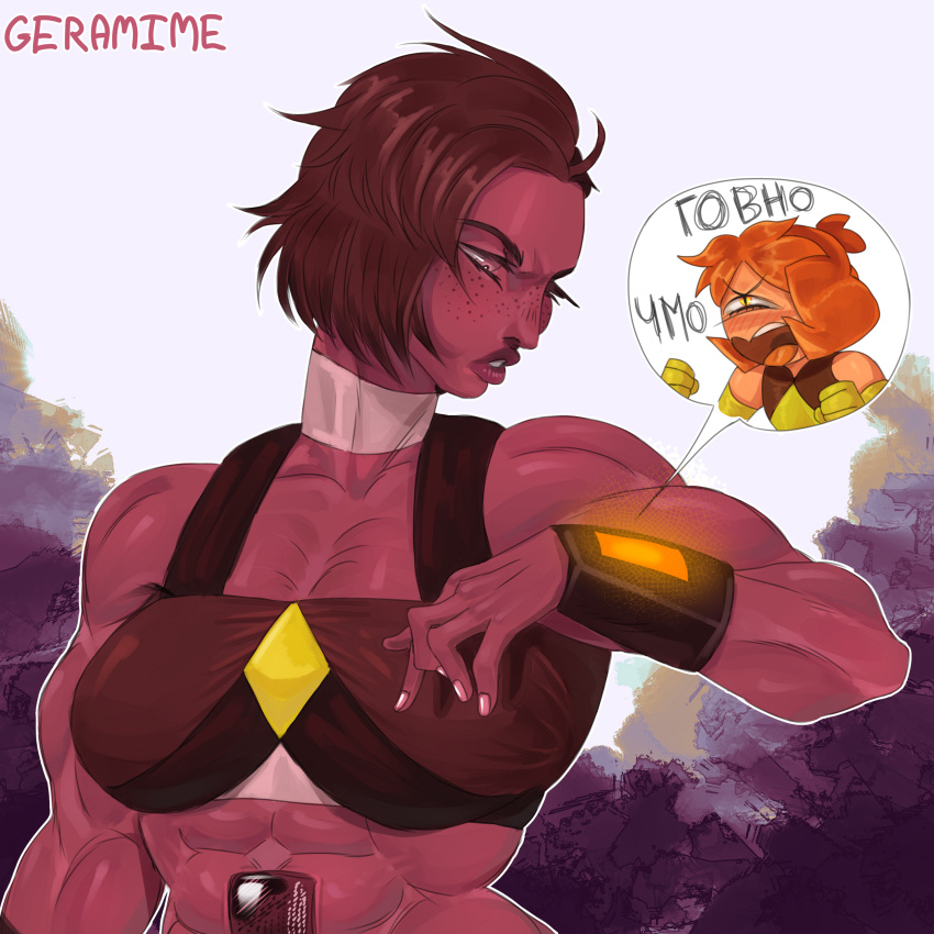 1:1 abs absurd_res biceps big_breasts breasts cartoon_network clothing digital_media_(artwork) duo fan_character female freckles gem_(species) geramime hair hi_res humanoid muscular steven_universe