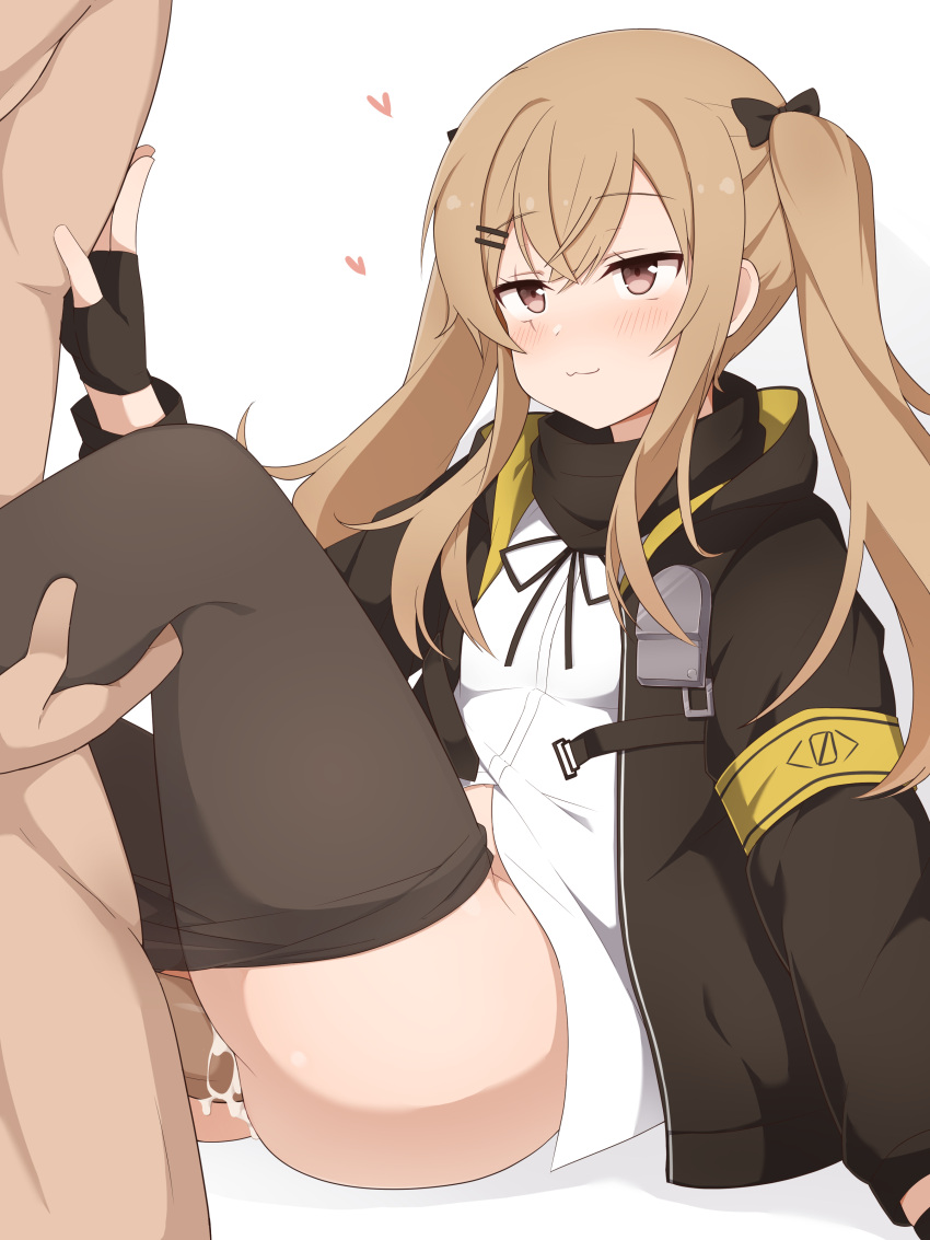 1boy 1girl :3 absurdres after_sex bangs blush bow brown_eyes brown_hair clothes_pull cum cum_in_pussy fingerless_gloves fizz_(pixiv34498626) girls'_frontline gloves hair_between_eyes hair_bow hand_on_another's_chest heart highres jacket leg_grab legs_up long_hair open_clothes open_jacket pantyhose pantyhose_pull penis scar scar_across_eye sex shirt sidelocks sitting twintails ump9_(girls'_frontline) white_shirt