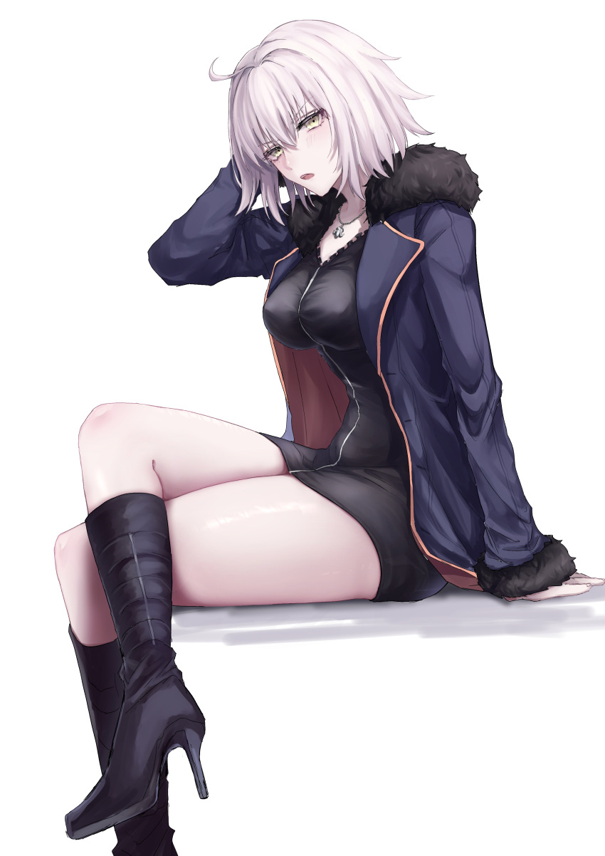 1girl absurdres ahoge bangs black_dress black_footwear blue_coat blush boots breasts coat commentary_request dress fate/grand_order fate_(series) fur-trimmed_coat fur-trimmed_sleeves fur_trim hair_between_eyes high_heels highres invisible_chair jeanne_d'arc_alter_(fate) jeanne_d'arc_alter_(ver._shinjuku_1999)_(fate) jewelry large_breasts long_sleeves looking_at_viewer necklace open_clothes open_coat ruuto_(pixiv26998067) shadow short_hair simple_background sitting solo thighs white_hair yellow_eyes