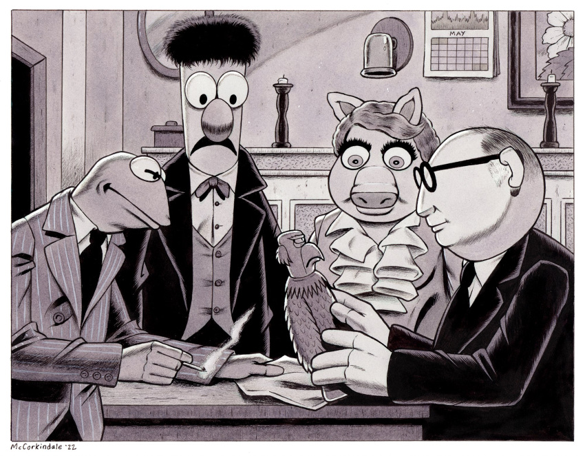 2022 4_fingers 5_fingers accipitrid accipitriform amphibian avian bald beaker_(muppets) big_nose bird black_and_white border bow_tie bruce_mccorkindale bunsen_honeydew calendar candle cigarette clothing crossover domestic_pig dress eagle eyewear female film_noir fingers frog furniture glasses greyscale group hair hi_res humanoid kermit_the_frog male mammal miss_piggy monochrome muppet muppets necktie noseless parody sam_the_eagle sculpture signature snout statue suid suina suit sus_(pig) table text the_maltese_falcon the_muppet_show topwear vest white_border