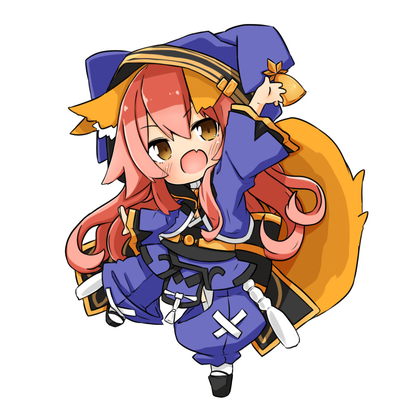 animal_ear_fluff animal_ears arm_up bangs bell blue_kimono bluepalettes blush chibi fang fate/extra fate/grand_order fate_(series) fox_ears fox_girl fox_tail highres hood hood_up japanese_clothes kimono long_hair obi official_alternate_costume open_mouth pink_hair platform_footwear sash simple_background skin_fang tail tamamo_(fate) tamamo_no_mae_(fate/extra) tamamo_no_mae_(the_faithful_dog_who_waits)_(fate) tassel thighhighs white_background white_thighhighs wide_sleeves yellow_eyes