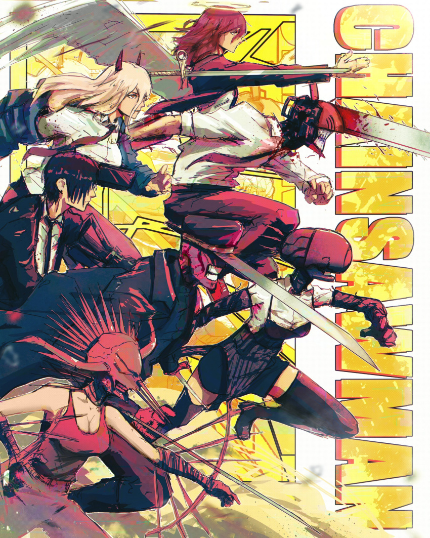 absurdres angel_devil_(chainsaw_man) angel_wings black_necktie blood blood_from_mouth bomb_devil_(chainsaw_man) bow breasts chainsaw chainsaw_man cleavage coat collared_shirt crossbow_devil_(chainsaw_man) denji_(chainsaw_man) elbow_gloves faceless faceless_female faceless_male facing_to_the_side formal gloves gun gun_devil_(chainsaw_man) hair_over_eyes halo hat hayakawa_aki highres horns hybrid katana katana_man_(chainsaw_man) large_breasts long_coat long_hair military military_hat military_uniform necktie nuclear_weapon power_(chainsaw_man) quanxi_(chainsaw_man) red_hair red_horns reze_(chainsaw_man) sharp_teeth shirt sleeves_rolled_up spikes stephengiannart suit sword teeth uniform weapon white_background wings