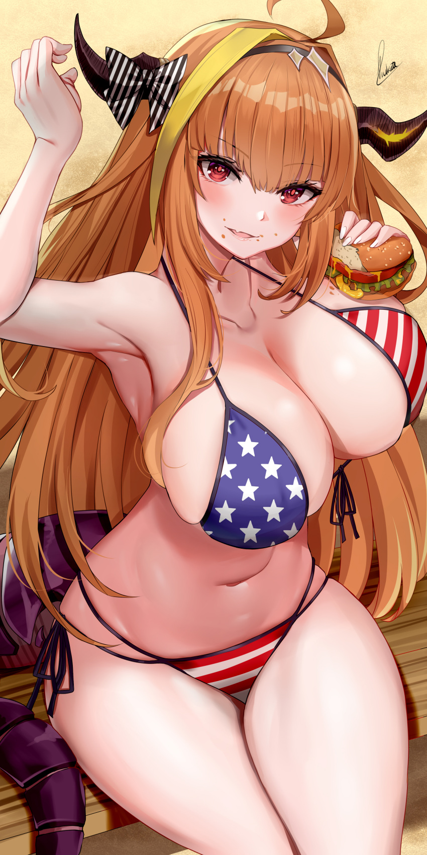 1girl :d absurdres ahoge alternate_costume american_flag american_flag_bikini american_flag_print armpits bare_shoulders beach bikini black_hairband blonde_hair bow breasts burger cleavage commentary crossed_legs diagonal-striped_bow dragon_girl dragon_horns dragon_tail eating fang flag_print food front-tie_bikini_top front-tie_top hairband halterneck highres holding holding_food hololive horn_bow horn_ornament horns kiryu_coco large_breasts looking_at_viewer multicolored_hair navel open_mouth orange_hair piukute062 print_bikini scales side-tie_bikini_bottom sitting skin_fang skindentation smile solo stomach streaked_hair string_bikini striped striped_bow summer swimsuit tail thighs virtual_youtuber