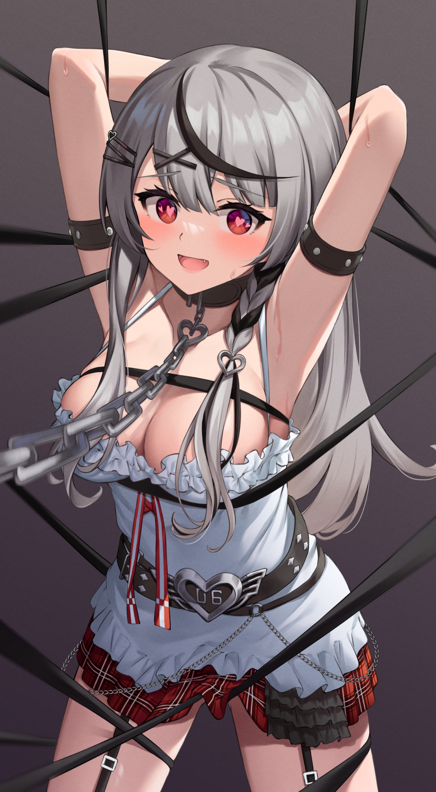 1girl absurdres armpits arms_behind_head arms_up bangs bdsm black_hair black_rope blush bondage bound bound_arms breasts chain chain_leash cleavage collar fang garter_straps grey_hair heart heart-shaped_pupils highres hololive large_breasts leash long_hair looking_at_viewer multicolored_hair multiple_hairpins open_mouth pizza_(pizzania_company) plaid plaid_skirt red_eyes red_skirt rope sakamata_chloe skindentation skirt smile solo streaked_hair sweatdrop swept_bangs symbol-shaped_pupils two-tone_hair virtual_youtuber