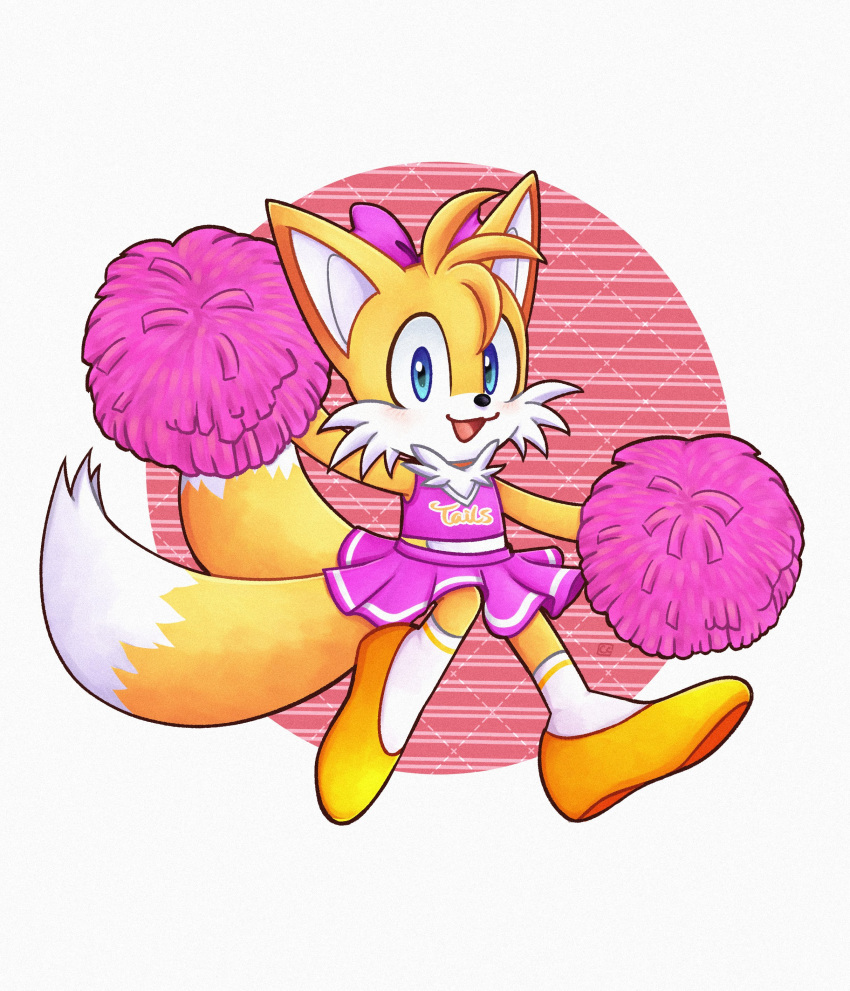 absurd_res accessory anthro blue_eyes bottomwear canid canine cheerleader cheerleader_outfit clothed clothing crossdressing footwear fox fur hair_accessory hair_ribbon hi_res male mammal miles_prower pom_poms ribbons sega skirt socks solo sonic_the_hedgehog_(series)