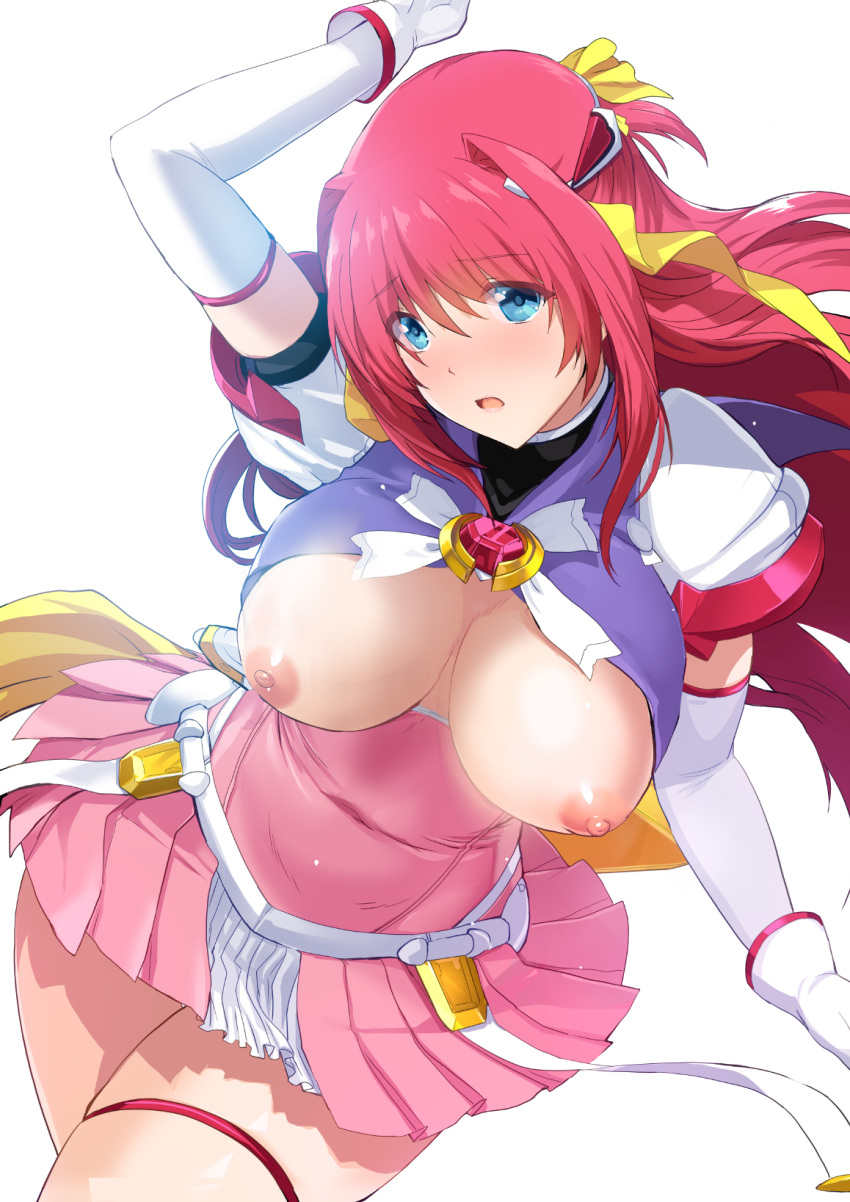 1girl arm_up beat_angel_escalayer blue_eyes blush breasts breasts_out cleavage_cutout clothing_cutout elbow_gloves escalation_heroines escalayer gloves hair_intakes hair_ribbon highres long_hair medium_breasts nipples official_art onigirikun open_mouth pleated_skirt puffy_short_sleeves puffy_sleeves red_hair red_skirt ribbon short_sleeves simple_background skindentation skirt white_background white_gloves