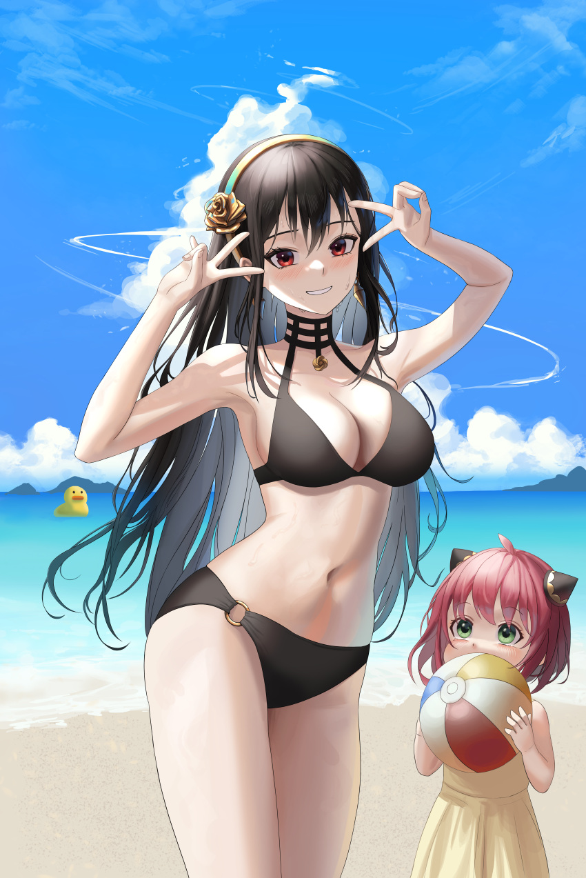 2girls absurdres ahoge aki_(user_mxzg2544) anya_(spy_x_family) arms_up ball beach beachball bikini black_bikini black_choker black_hair blue_sky blush breasts child choker cloud day double_v earrings female_child flower gold_earrings gold_hairband green_eyes grin hair_down hair_flower hair_ornament hairpods highres holding holding_ball jewelry large_breasts long_hair looking_at_another looking_at_viewer mother_and_daughter multiple_girls navel ocean outdoors red_eyes rose rubber_duck sand short_hair sky smile spy_x_family stomach swimsuit thighs v very_long_hair wavy_hair yor_briar