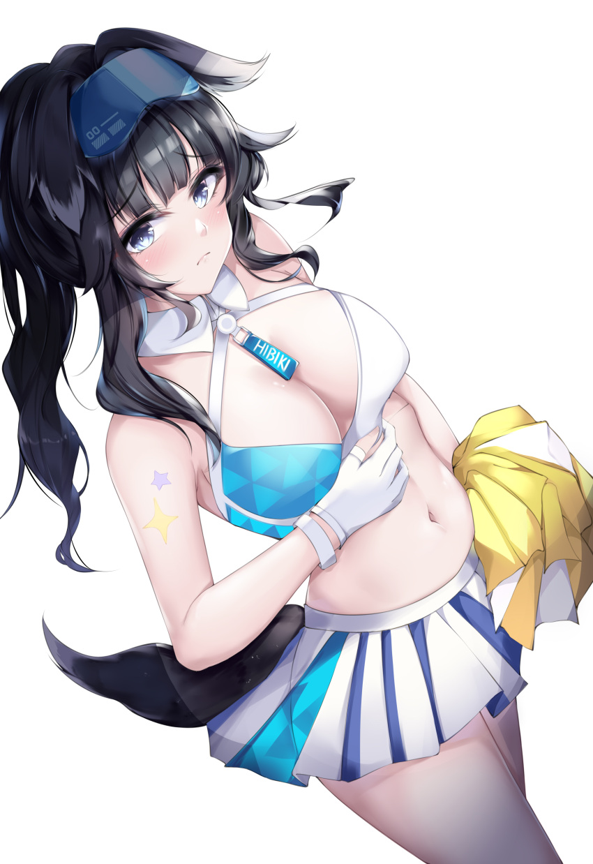 1921494015 1girl absurdres bangs bare_arms bare_shoulders black_hair blue_archive blue_eyes blush breasts cheerleader cleavage gloves hibiki_(blue_archive) hibiki_(cheerleader)_(blue_archive) highres holding holding_pom_poms large_breasts looking_at_viewer medium_hair navel pleated_skirt pom_pom_(cheerleading) simple_background skirt solo thighs two-tone_skirt white_background white_gloves