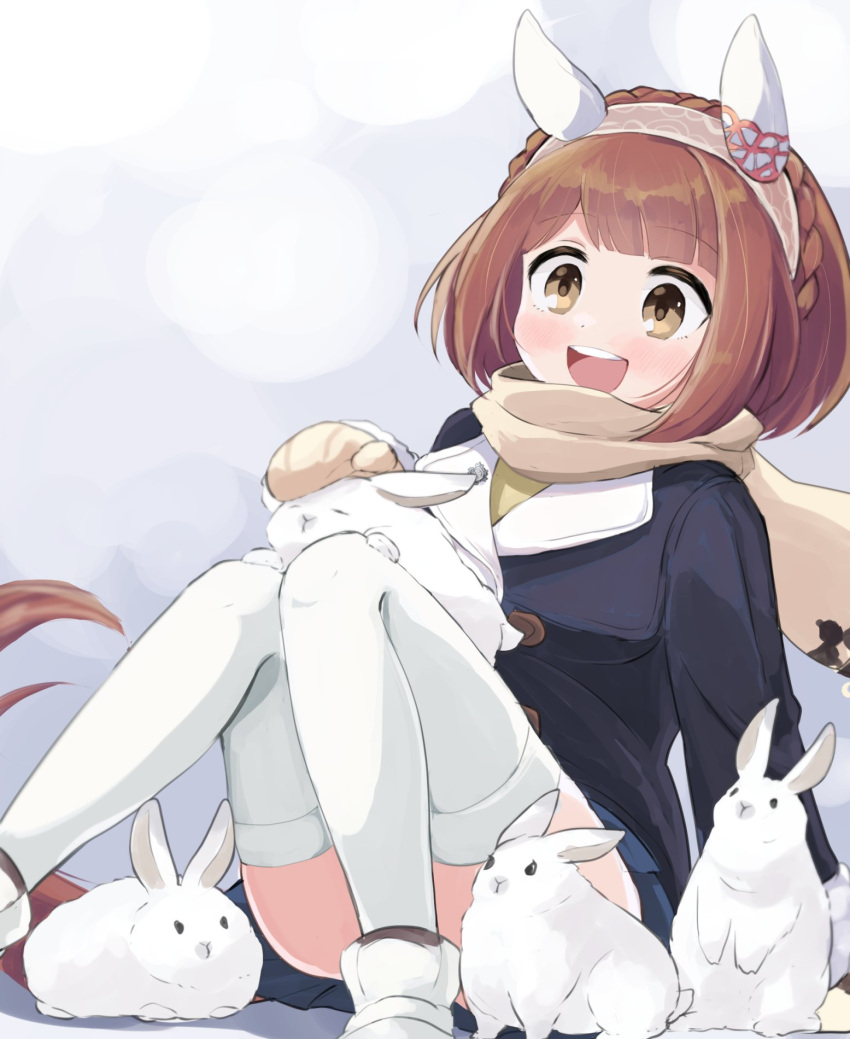 1girl animal_ears bangs black_coat blue_skirt blunt_bangs blurry blush bokeh boots bra brown_bra brown_hair coat depth_of_field ear_covers hairband highres horse_ears long_sleeves miniskirt mittens open_mouth playboy_bunny sangria_(sangria69) scarf short_hair sitting skirt smile solo thighhighs umamusume underwear upper_body white_footwear white_thighhighs yellow_eyes yukino_bijin_(umamusume)