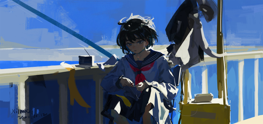 1girl black_eyes black_hair blue_sky chair closed_mouth day expressionless fishing_rod folding_chair highres holding long_sleeves looking_at_viewer neckerchief original outdoors pleated_skirt red_neckerchief sailor_collar school_uniform serafuku shirt short_hair sitting skirt sky solo string uniform white_shirt xilmo