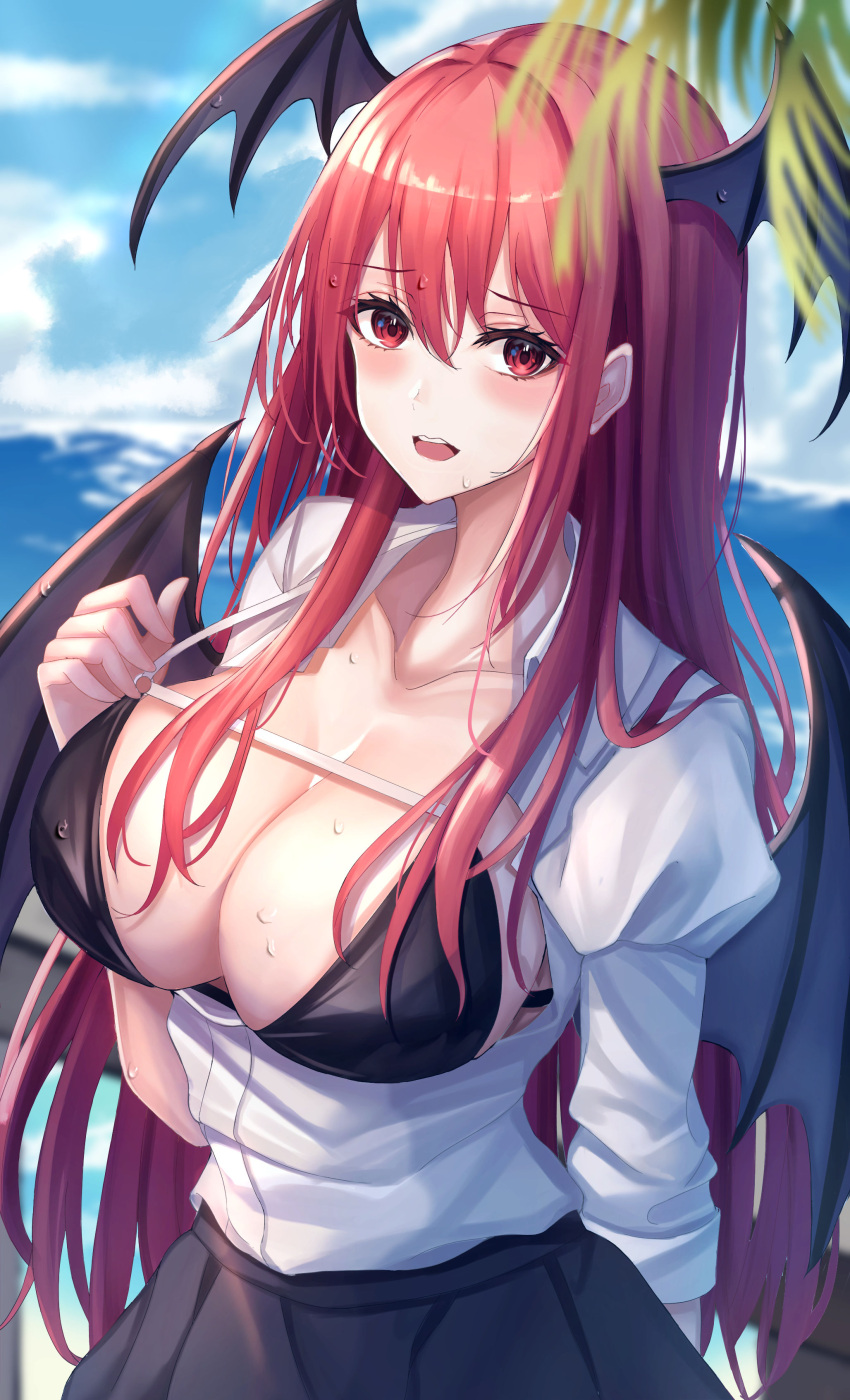 .me 1girl absurdres bat_wings beach blurry blurry_foreground blush breasts cleavage day depth_of_field head_wings highres koakuma large_breasts long_hair looking_at_viewer ocean open_mouth outdoors palm_leaf red_eyes red_hair shirt solo touhou wings