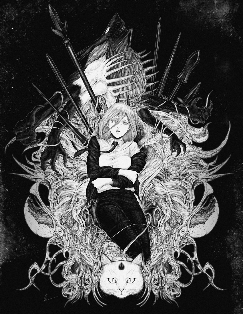 1girl absurdres black_background black_necktie black_pants blood_devil_(chainsaw_man) cat chainsaw_man collared_shirt elbow_gloves extra_arms flesh gloves greyscale hair_between_eyes highres horns jacket knife long_hair marvin_(omarvin) meowy_(chainsaw_man) monochrome necktie open_mouth organs pants polearm power_(chainsaw_man) sharp_teeth shirt simple_background solo spear teeth weapon