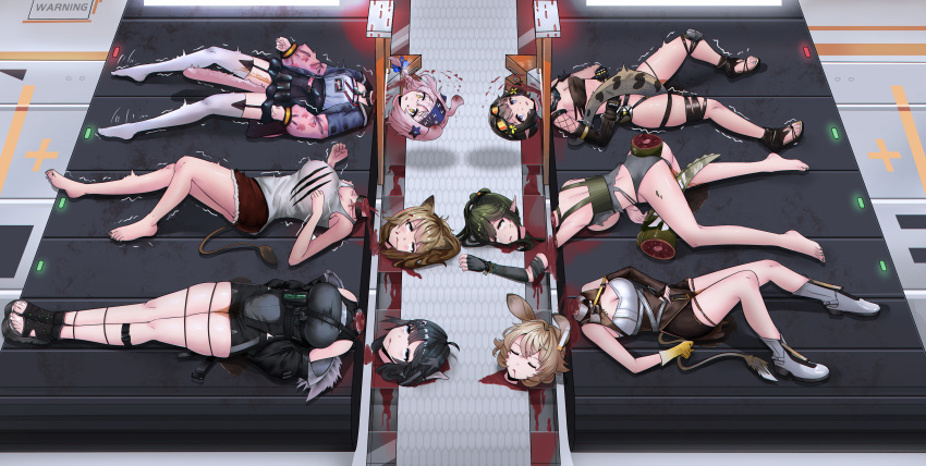6+girls absurdres arknights black_hair black_shirt blood breasts brown_hair cat_girl corpse decapitation dorothy_(arknights) eunectes_(arknights) gavial_(arknights) goldenglow_(arknights) green_hair guro highres la_pluma_(arknights) large_breasts multiple_girls pink_hair red_shorts ryona shirt shorts siege_(arknights) t90s_mk2 tail thighhighs thighs trembling white_shirt white_thighhighs