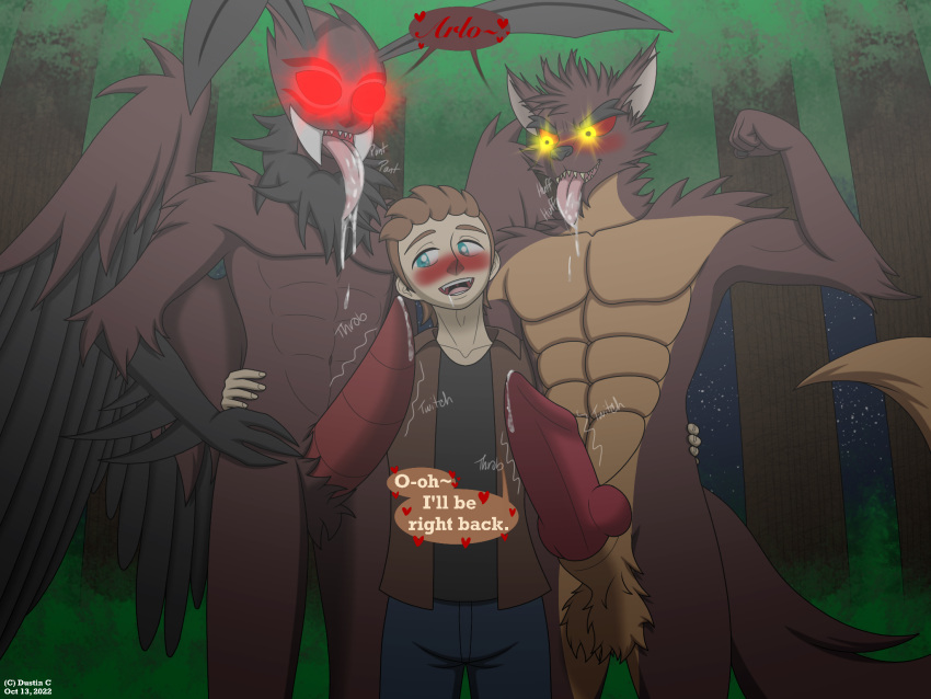 &lt;3 4:3 anthro arlo_davis(dustin_c) balls blue_eyes blush bodily_fluids brown_body brown_fur brown_hair canid canine canis clothed clothing cryptid dialogue digital_media_(artwork) dustin_c english_text erection fur genital_fluids genitals glowing glowing_eyes group hair hi_res human looking_at_viewer male male/male mammal monster mothman motion_lines open_mouth penis red_eyes shirt simple_background smile speech_bubble text tongue topwear trio were werecanid werecanine werewolf wings wolf yellow_eyes
