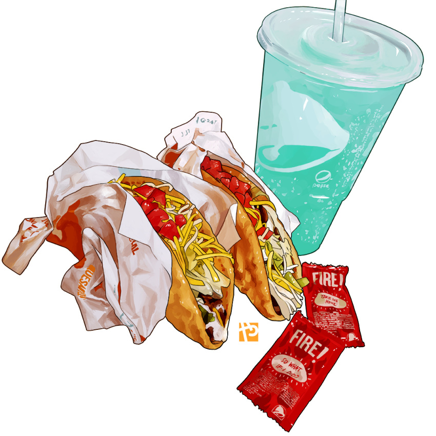 cheese cup disposable_cup food food_focus food_wrapper no_humans packet soda still_life studiolg taco taco_bell tomato watermark