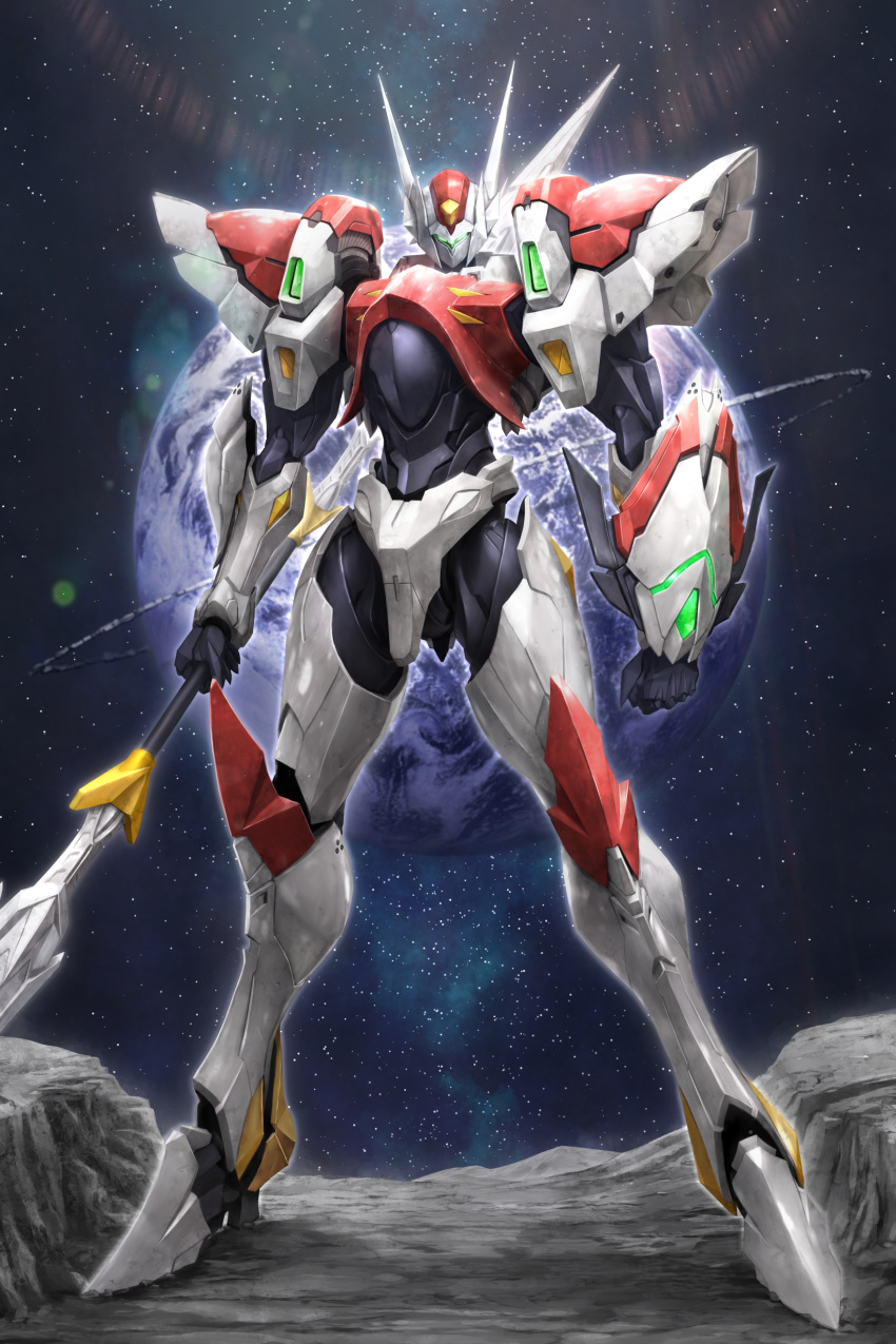 absurdres armor d-boy earth_(planet) exoskeleton highres holding holding_weapon lance looking_at_viewer mecha neocity222 planet polearm power_armor power_suit robot solo tekkaman_blade weapon