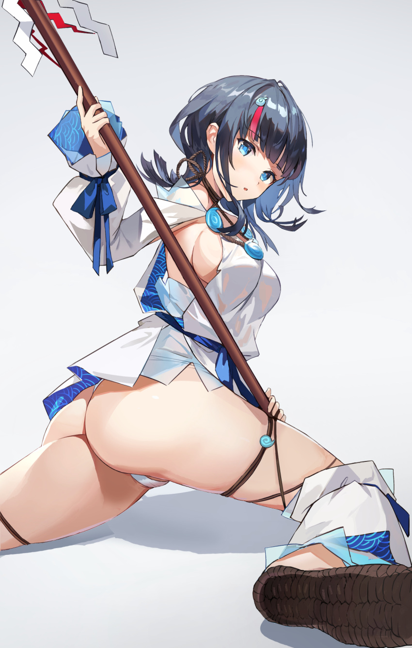 1girl ass bangs bare_shoulders black_hair blue_eyes blue_ribbon blush breasts detached_leggings dress fate/grand_order fate/requiem fate_(series) fundoshi highres japanese_clothes jewelry kuza_brs large_breasts leggings long_sleeves looking_at_viewer magatama magatama_hair_ornament magatama_necklace medium_hair multicolored_hair necklace open_mouth pelvic_curtain pink_hair polearm puffy_long_sleeves puffy_sleeves ribbon sandals seigaiha short_dress sideboob sideless_outfit sidelocks solo spear streaked_hair thighs utsumi_erice weapon white_dress white_leggings