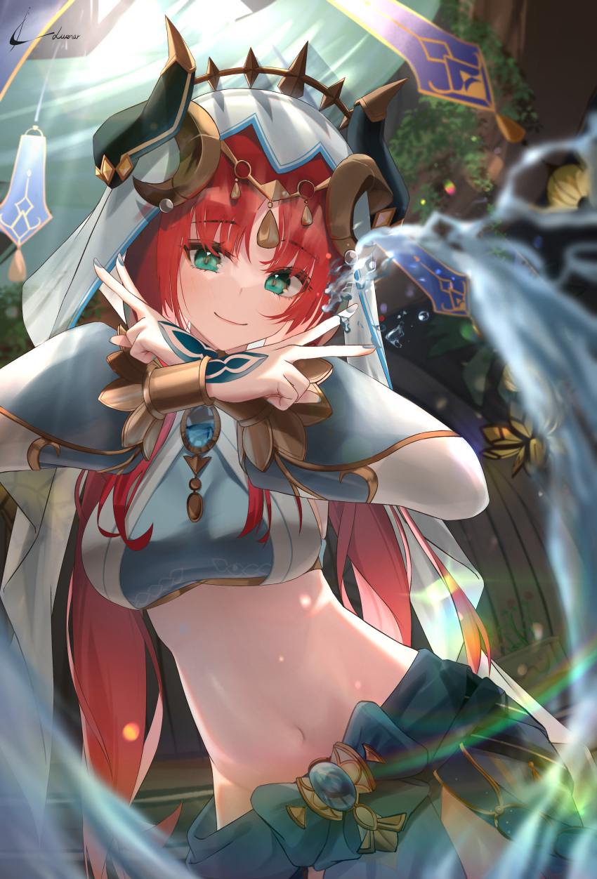 1girl absurdres aqua_eyes bangs blurry blurry_foreground breasts circlet closed_mouth crop_top detached_sleeves double_v genshin_impact harem_outfit highres jewelry long_hair long_sleeves looking_at_viewer luenar medium_breasts navel nilou_(genshin_impact) parted_bangs pelvic_curtain puffy_long_sleeves puffy_sleeves red_hair sidelocks skirt smile solo stomach twintails v vambraces vision_(genshin_impact) water white_headwear x_arms