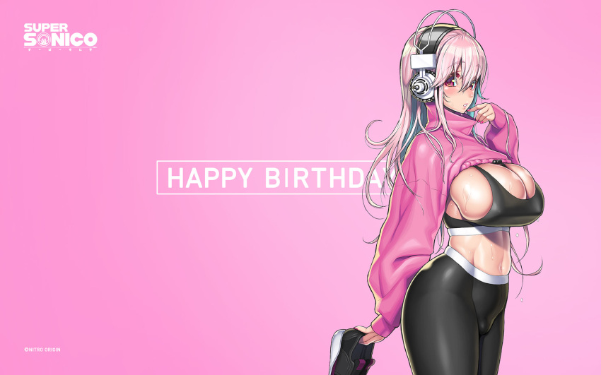 1girl breasts cleavage crop_top happy_birthday headphones high-waist_pants highres large_breasts long_hair mascot midriff navel nitroplus official_art pants pink_background pink_hair red_eyes shiny shiny_hair shiny_skin skindentation solo sports_bra standing super_sonico sweat sweater tareme tight tight_pants tsuji_santa yoga_pants