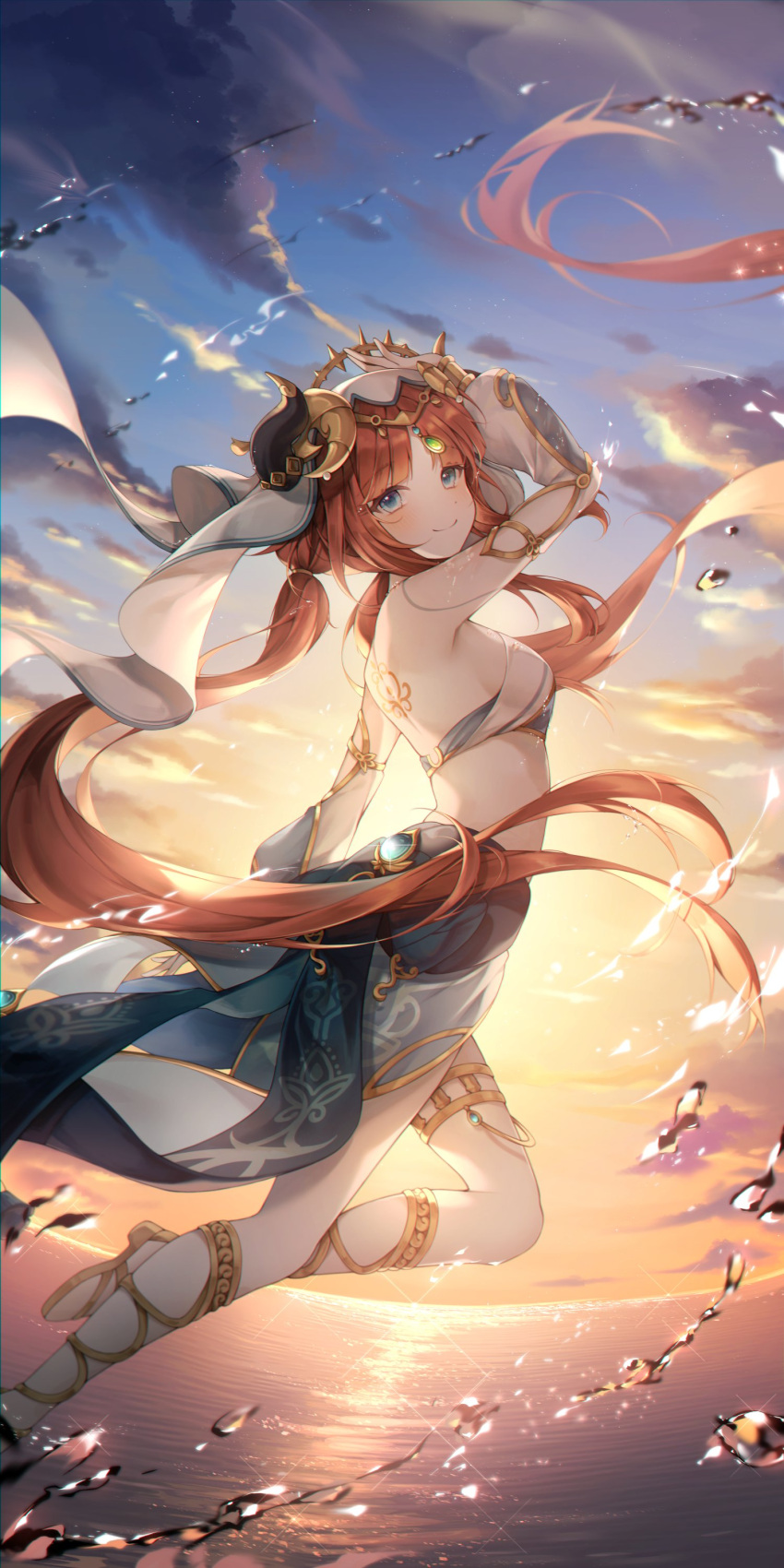 1girl absurdres aran_(aran0127) arm_up back_tattoo blue_eyes blue_skirt breasts circlet clothing_cutout cloud crop_top dancer dot_nose evening floating floating_hair foot_out_of_frame genshin_impact gladiator_sandals harem_outfit highres horizon horns long_hair long_sleeves looking_at_viewer low_twintails medium_breasts midriff nilou_(genshin_impact) ocean orange_sky outdoors puffy_long_sleeves puffy_sleeves red_hair sandals skirt sky smile solo sparkle sunset tattoo thighs twintails veil very_long_hair vision_(genshin_impact) water
