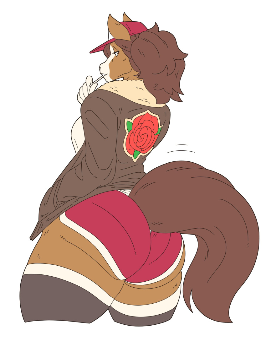anthro big_butt bottomwear brown_body brown_fur brown_hair butt clothed clothing equid equine facial_markings female flower fur hair hand_in_pocket hat head_markings headgear headwear hi_res horse jacket looking_at_viewer looking_back looking_back_at_viewer mammal markings multicolored_body multicolored_fur plant pockets ponytail rear_view rose_(flower) rose_(slightlysimian) shorts simple_background slightlysimian snout snout_markings solo thick_thighs topwear two_tone_body two_tone_fur white_background