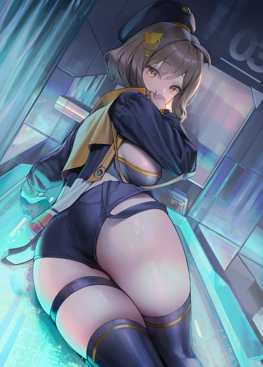 1girl absurdres ahoge anis_(nikke) ass black_shorts black_thighhighs breasts brown_eyes brown_hair covered_mouth dong_ji goddess_of_victory:_nikke hair_ornament hat highres jacket large_breasts looking_at_viewer looking_back lying on_side short_hair short_shorts shorts sideboob solo suspender_shorts suspenders thigh_strap thighhighs thighs
