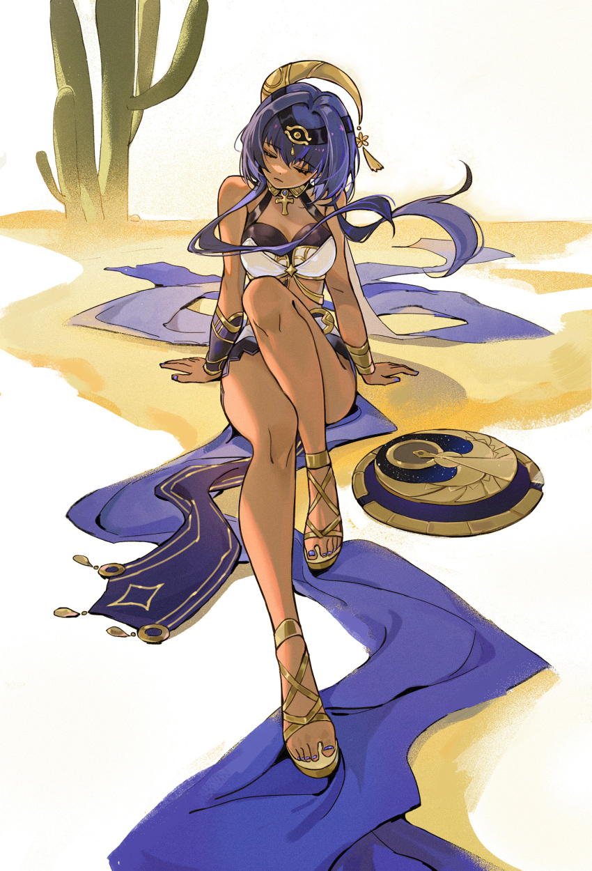 1girl absurdres ankh blue_hair breasts cactus candace_(genshin_impact) closed_eyes dark-skinned_female dark_skin egyptian_clothes eye_of_horus genshin_impact gold_trim highres jewelry long_hair medium_breasts nail_polish neck_ring purple_nails sand sandals shield short_hair_with_long_locks sitting solo tassel toenail_polish toenails xiang_wan_wei_wan yellow_footwear