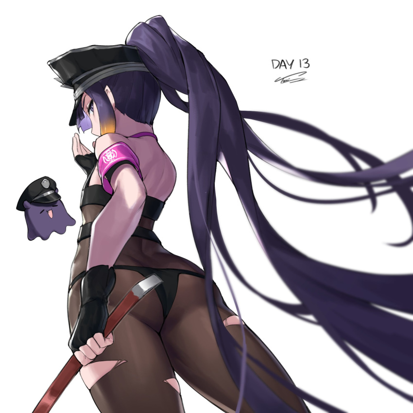 1girl armband backless_outfit bare_shoulders black_gloves black_panties bodysuit crowbar dasdokter fingerless_gloves from_behind gloves hat highres holding hololive hololive_english long_hair ninomae_ina'nis panties pointy_ears ponytail purple_eyes purple_hair simple_background solo takodachi_(ninomae_ina'nis) tentacle_hair torn_bodysuit torn_clothes underwear virtual_youtuber