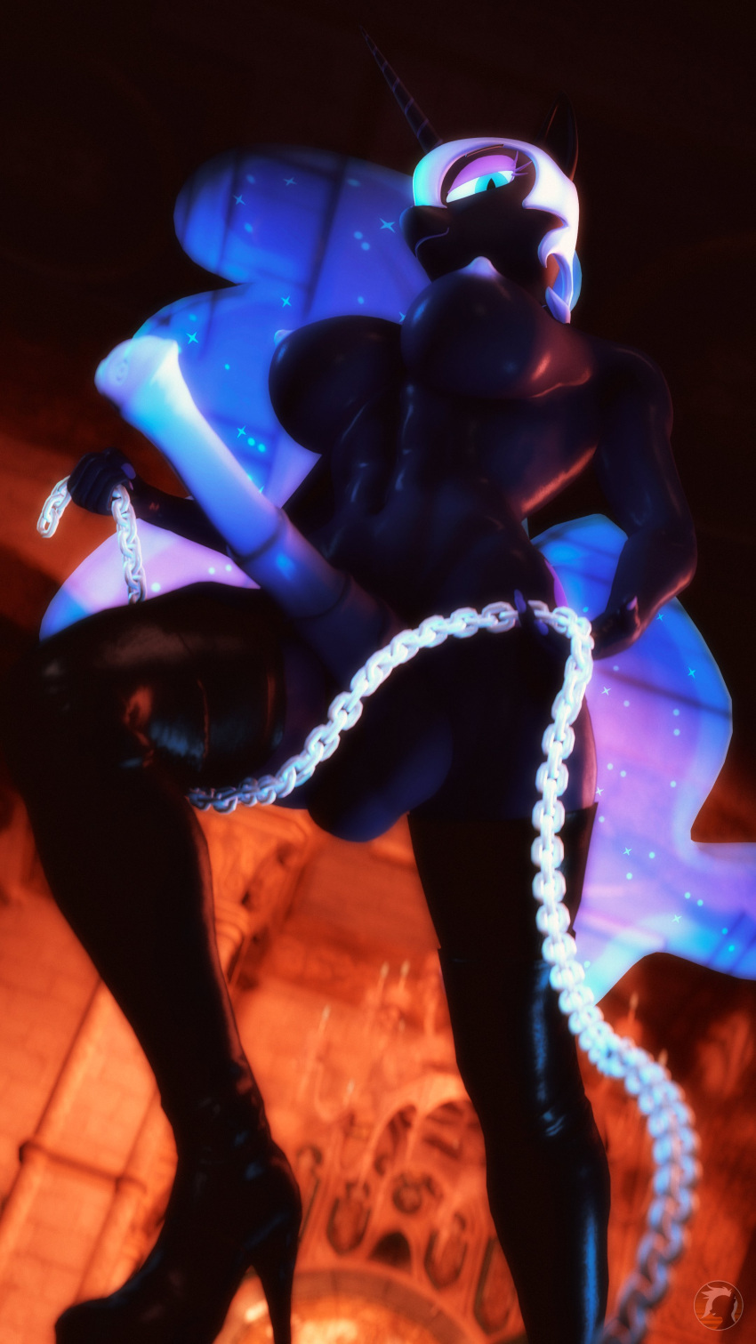 3d_(artwork) 4k 9:16 absurd_res animal_genitalia animal_penis anthro anthrofied armor balls blue_eyes blue_hair boots breasts chain chain_leash clothing comrade_shy crossgender digital_media_(artwork) equid equine equine_penis erection ethereal_hair ethereal_tail eyeshadow first_person_view footwear friendship_is_magic ftg_crossgender fti_crossgender genitals gynomorph hair hasbro headgear helmet hi_res high_heeled_boots high_heels holding_chain horn intersex leash legwear looking_at_viewer low-angle_view makeup mammal medial_ring mostly_nude my_little_pony nightmare_moon_(mlp) nipples penis purple_eyeshadow solo submissive submissive_pov thigh_boots thigh_highs unicorn