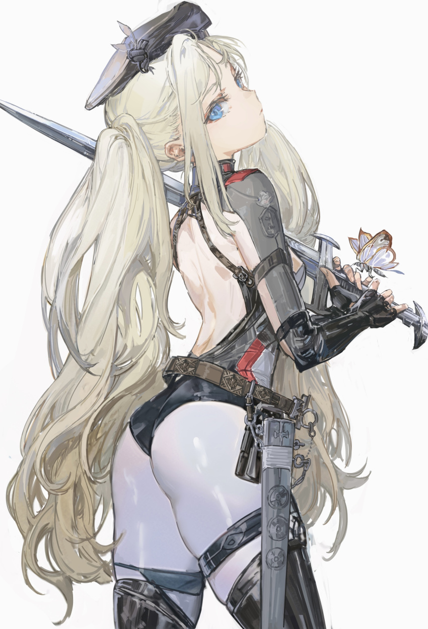 1girl a-545_(girls'_frontline) absurdres ass blonde_hair blue_eyes bug butterfly fingerless_gloves girls'_frontline gloves highres long_hair looking_at_viewer looking_back messikid sheath sidelocks simple_background skindentation solo sword thigh_strap thighhighs twintails weapon white_background
