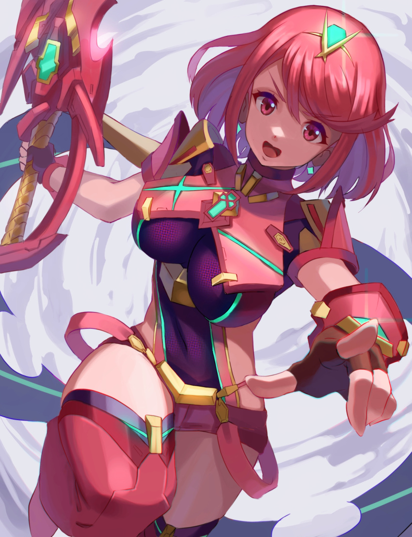 1girl absurdres aegis_sword_(xenoblade) bangs black_gloves breasts chest_jewel earrings fingerless_gloves gem gloves gxp headpiece highres jewelry large_breasts pyra_(xenoblade) red_eyes red_hair red_shorts short_hair short_shorts shorts solo swept_bangs sword thighhighs tiara weapon xenoblade_chronicles_(series) xenoblade_chronicles_2