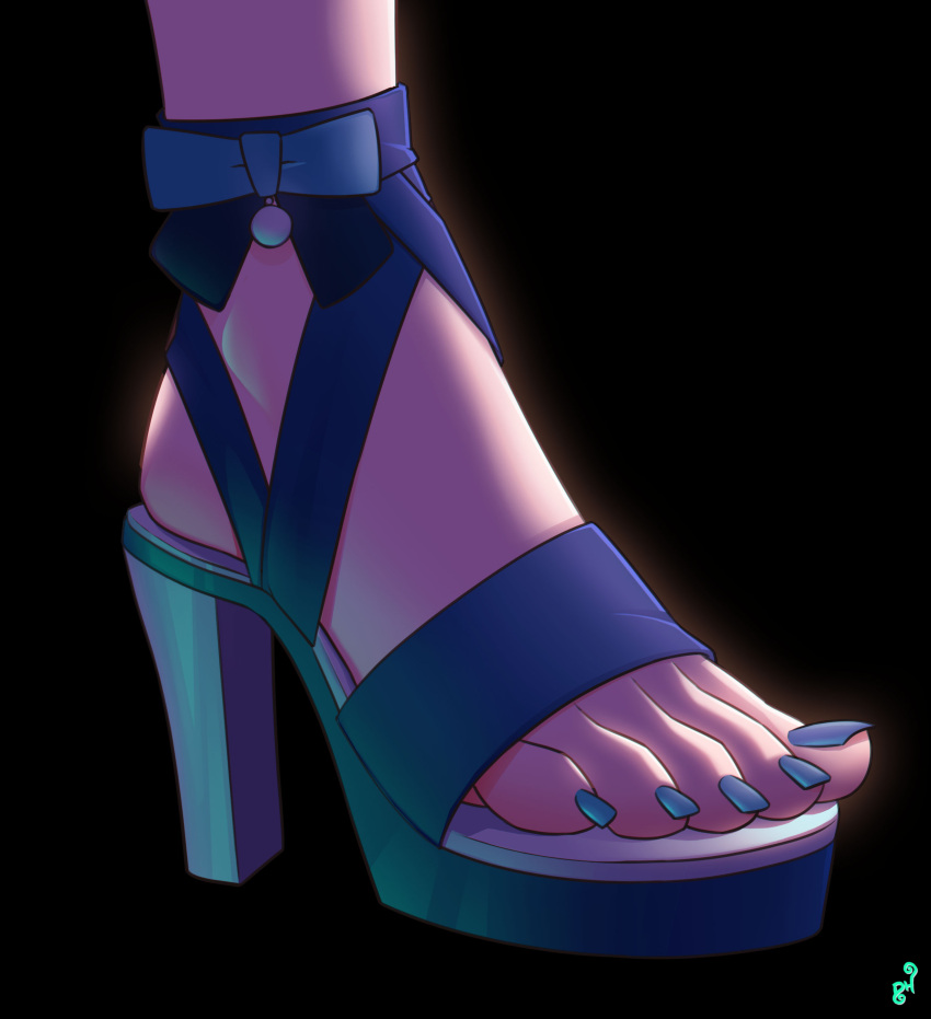 1girl absurdres artist_logo black_background blue_footwear blue_nails english_commentary feet feet_only foot_focus genshin_impact high_heels highres jean_(genshin_impact) mohoshadream nail_polish out_of_frame sandals shadow solo strappy_heels toenail_polish toenails toes