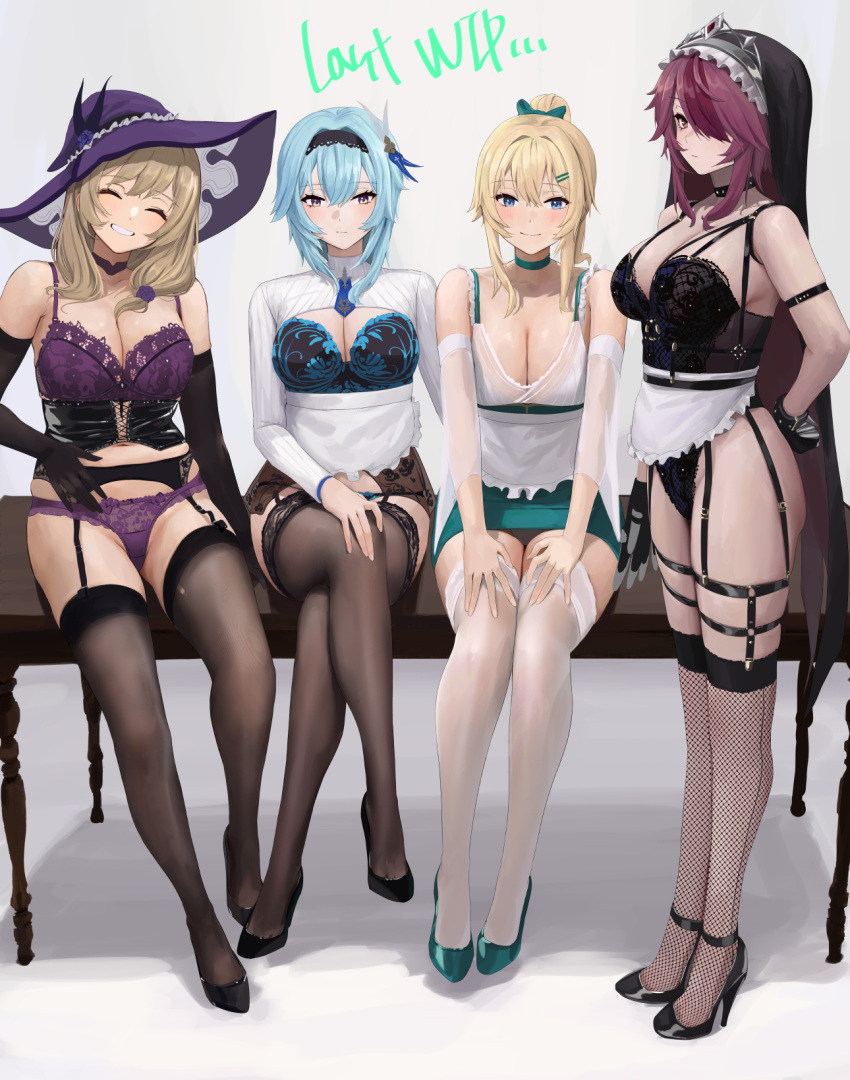 4girls apron arms_behind_back bangs bare_shoulders black_gloves black_hairband black_thighhighs blonde_hair blue_eyes blue_hair blush bow bra breasts brown_hair chela77 choker cleavage cleavage_cutout closed_eyes clothing_cutout collarbone crossed_legs detached_sleeves elbow_gloves eula_(genshin_impact) fishnet_thighhighs fishnets garter_belt genshin_impact gloves grin habit hair_between_eyes hair_bow hair_ornament hairband hand_on_own_crotch hand_on_own_knee hands_on_own_thighs hat high_heels highres jean_(genshin_impact) large_breasts legwear_garter lingerie lisa_(genshin_impact) long_hair looking_at_viewer medium_hair multicolored_hair multiple_girls panties ponytail purple_eyes purple_hair purple_headwear red_hair rosaria_(genshin_impact) short_hair sidelocks simple_background sitting sitting_on_table smile standing streaked_hair table thighhighs underwear waist_apron white_background white_thighhighs witch_hat