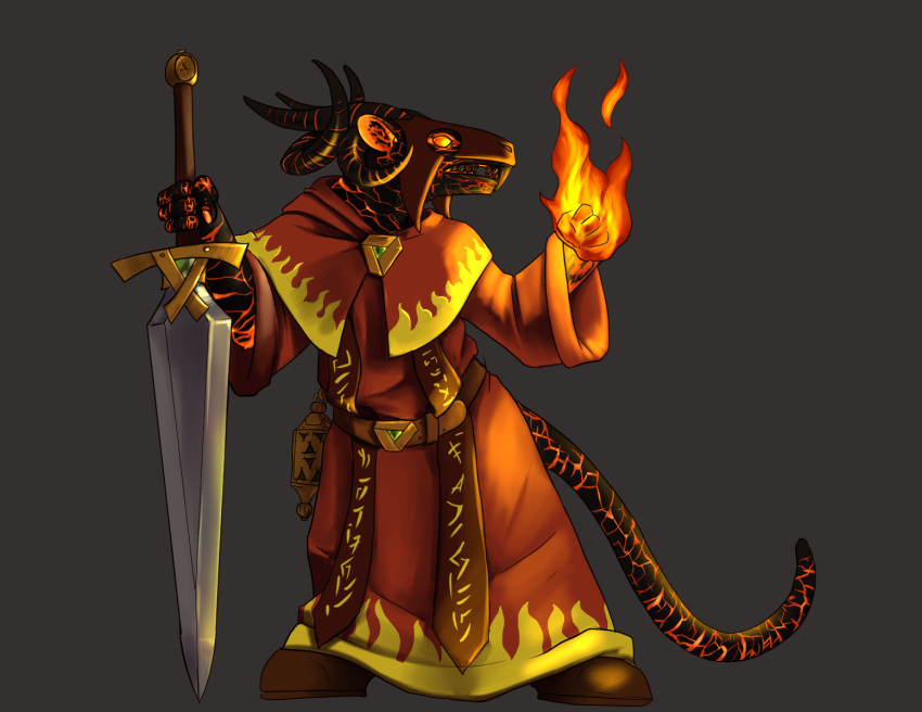 angry anthro belt black_body black_fur boots clothing cracked_skin elemental_creature elemental_manipulation fire fire_manipulation flaming_body flaming_eyes footwear fur glowing glowing_eyes grey_background hi_res holding_object holding_sword holding_weapon horn lava lava_creature looking_forward male mammal melee_weapon mineral_fauna murid murine oniontrain rat red_body red_eyes robe rodent runes simple_background skaven solo standing stole_(clothing) sword warhammer_(franchise) warhammer_fantasy weapon