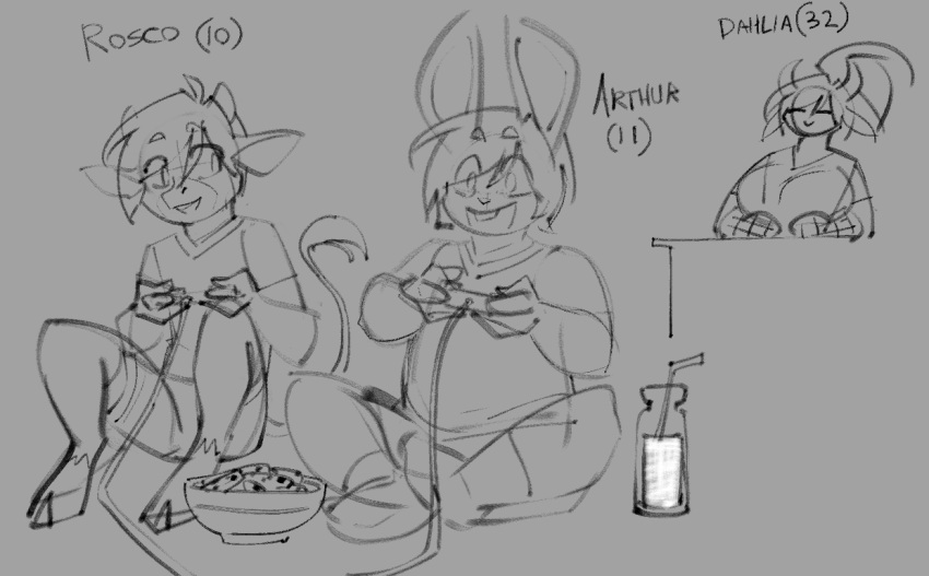 2022 anthro arthur_(lapinbeau) big_breasts bovid bovid_horn bovine_horn breasts child controller cookie dahlia_(lapinbeau) female food friends gaming group hooves horn lagomorph lapinbeau leporid male mammal milk monochrome mother mother_and_child mother_and_son parent parent_and_child playing_videogame rabbit rabbit_ears rosco_(lapinbeau) sketch smile son tail_tuft trio tuft young