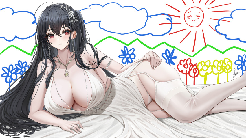 1girl absurdres ahoge armlet azur_lane bangs bed_sheet black_hair blush breasts child_drawing cleavage dress earrings english_commentary feet_out_of_frame garter_straps groin hair_between_eyes hair_ornament hand_on_hip highres jewelry large_breasts long_hair lying necklace official_alternate_costume on_side panties parted_lips piukute062 plunging_neckline red_eyes ring side_ponytail signature skindentation solo straight_hair taihou_(azur_lane) taihou_(temptation_on_the_sea_breeze)_(azur_lane) thighhighs thighs underwear very_long_hair wedding_dress wedding_ring white_dress white_panties white_thighhighs