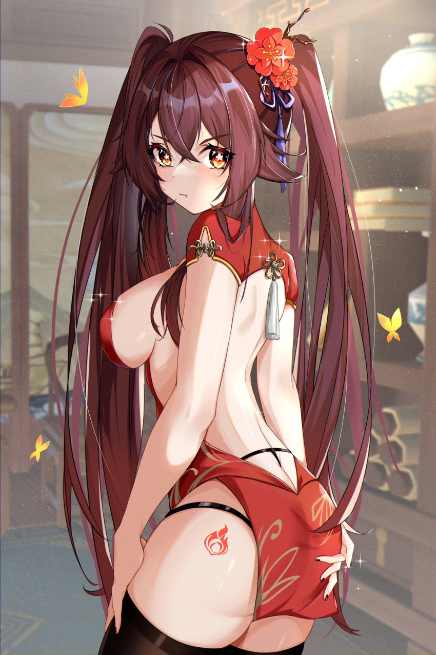 1girl :t alternate_breast_size alternate_costume ass backless_outfit bangs bare_back black_nails black_panties black_thighhighs breasts brown_hair bug butt_crack butterfly china_dress chinese_clothes cowboy_shot crossed_bangs dress flower flower-shaped_pupils from_side genshin_impact hair_flower hair_ornament hand_on_own_ass highres hu_tao_(genshin_impact) indoors large_breasts long_hair looking_at_viewer nail_polish no_headwear panties panty_straps pelvic_curtain plum_blossoms pout red_dress red_eyes red_flower short_dress short_sleeves sideboob sidelocks solo sparkle symbol-shaped_pupils tassel tassel_hair_ornament tattoo thighhighs thighs twintails underwear v-shaped_eyebrows yoshitoki_(kisshin)
