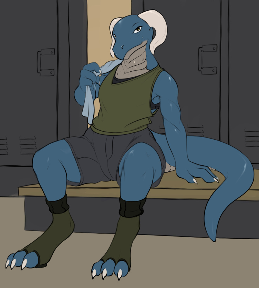 anthro athletic avrielle belly_scales blue_body blue_scales bodily_fluids claws clothing digitigrade exposure_variation female finger_claws flat_chested footwear gym_clothing hi_res horn locker_bench locker_room protatypo reptile scales scalie sitting solo sweat toe_claws towel_on_shoulder