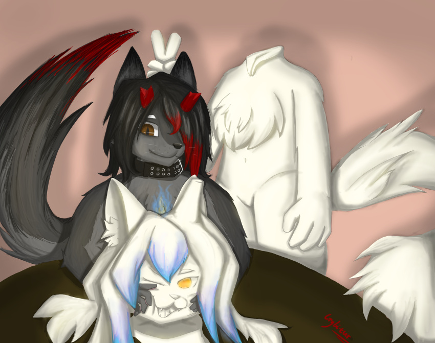 absurd_res anthro black_hair blue_fire blue_hair broken_horn brown_eyes candle canid canine canis chest_tuft collar colored_fire crybitur duo felid fire fur generation_5_pokemon gesture goo_creature grey_body grey_fur grey_tail hair hand_on_head hi_res horn hybrid litwick long_hair male mammal nintendo nude open_mouth pokemon pokemon_(species) purple_hair red_hair red_horn rubbing_face simple_background smile spirit tail_tuft teeth tongue tuft v_sign video_games white_body white_eyes white_fur white_tail wolf yellow_eyes