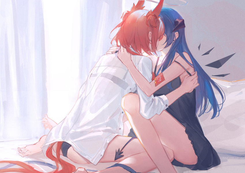 2girls animal_ears arknights bird_ears bird_tail black_bra black_camisole black_panties blue_hair bra camisole detached_wings fiammetta_(arknights) halo highres horns long_hair luren_max mostima_(arknights) multiple_girls open_clothes open_shirt panties red_hair see-through shirt short_hair tail underwear white_shirt wings yuri