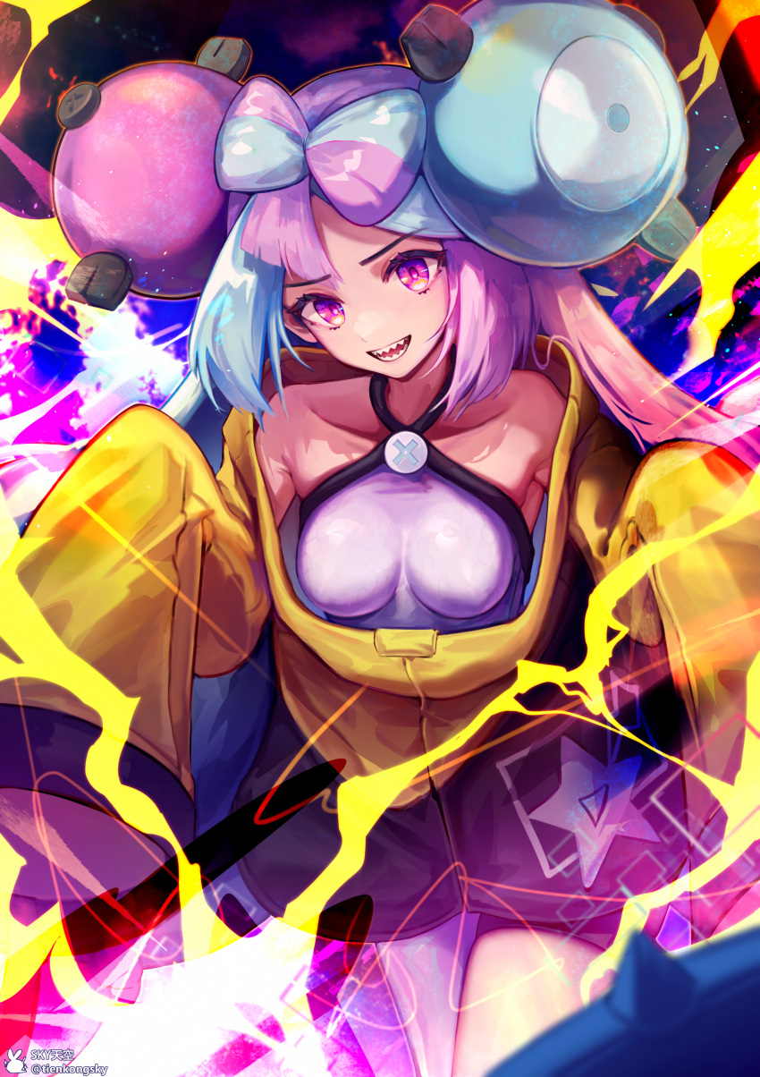 1girl absurdres bangs blue_hair breasts character_hair_ornament collarbone commentary_request electricity hair_ornament highres iono_(pokemon) jacket long_hair looking_at_viewer open_mouth pokemon pokemon_(game) pokemon_sv purple_eyes purple_hair sharp_teeth shirt single_leg_pantyhose skyxperish sleeveless sleeveless_shirt sleeves_past_fingers sleeves_past_wrists smile solo teeth yellow_jacket