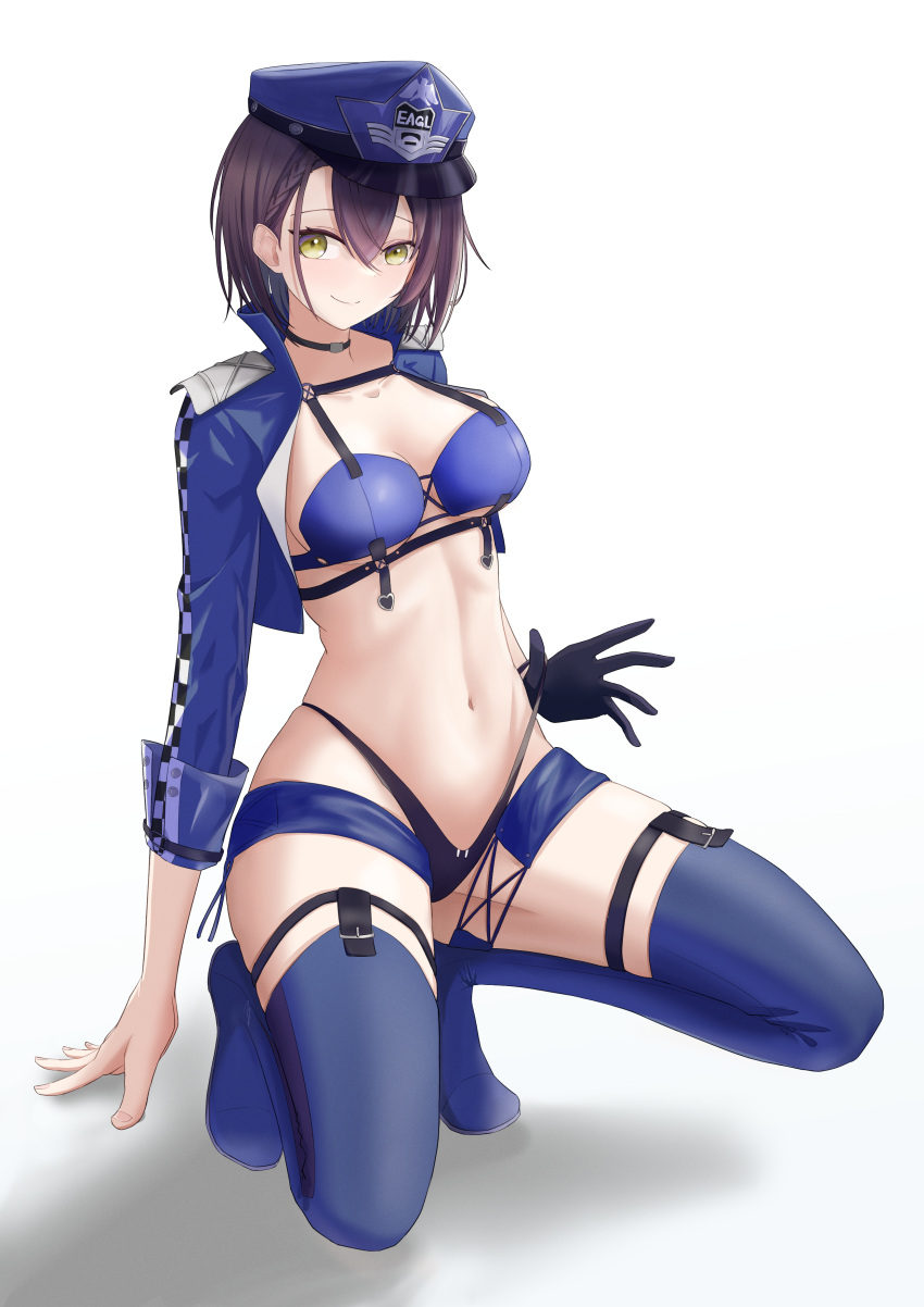 1girl absurdres ahoge arm_support azur_lane baltimore_(azur_lane) baltimore_(finish_line_flagbearer)_(azur_lane) bangs bikini bikini_bottom_pull black_bikini black_choker black_gloves blue_bikini blue_footwear blue_headwear blue_jacket boots braid breasts brown_hair chest_harness choker cleavage closed_mouth collarbone commentary cropped_jacket french_braid full_body garter_straps gloves hair_between_eyes harness hat highleg highleg_bikini highres jacket looking_at_viewer medium_breasts micro_shorts mismatched_bikini navel official_alternate_costume open_clothes open_jacket peaked_cap race_queen shadow short_hair shorts sidelocks simple_background single_glove smile solo squatting stomach suzusu_k swimsuit thigh_boots thigh_strap underbust white_background yellow_eyes